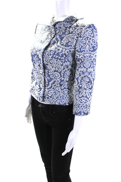 Peggy Jennings Womens Brocade Floral Collar Button Up Jacket Blazer Blue Size S