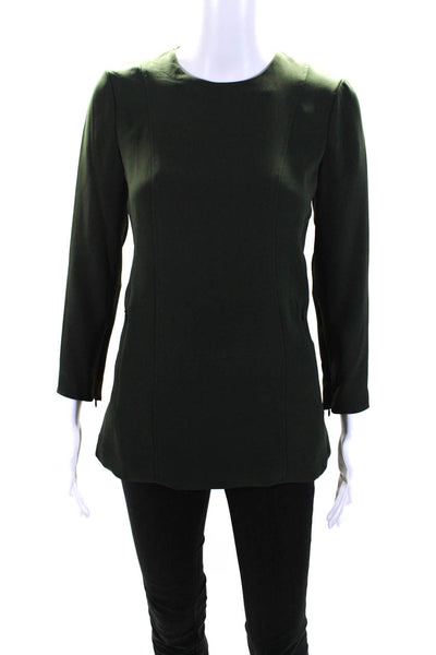 Theory Womens Crepe Crew Neck Zip Up Long Sleeve Blouse Top Green Size 00