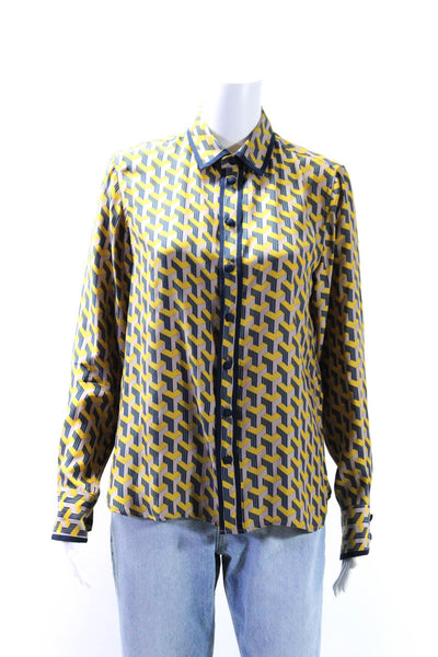 Rag & Bone Womens Button Front Collared Geometric Silk Shirt Gray Navy Medium