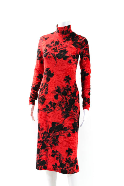 Balenciaga Womens Long Sleeve Mock Neck Floral Velour Dress Red Black Size Large