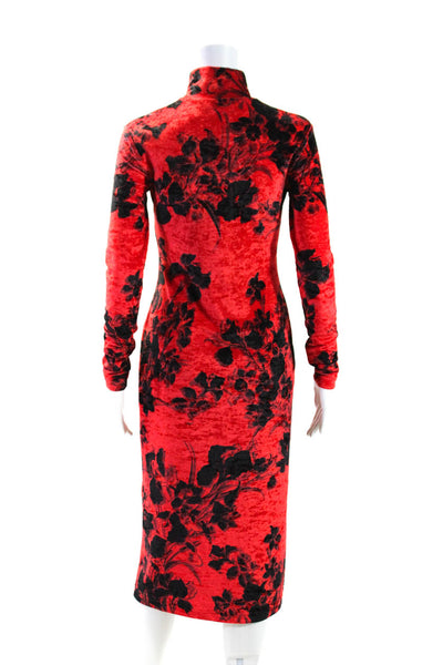 Balenciaga Womens Long Sleeve Mock Neck Floral Velour Dress Red Black Size Large