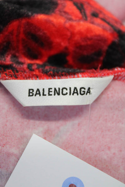 Balenciaga Womens Long Sleeve Mock Neck Floral Velour Dress Red Black Size Large