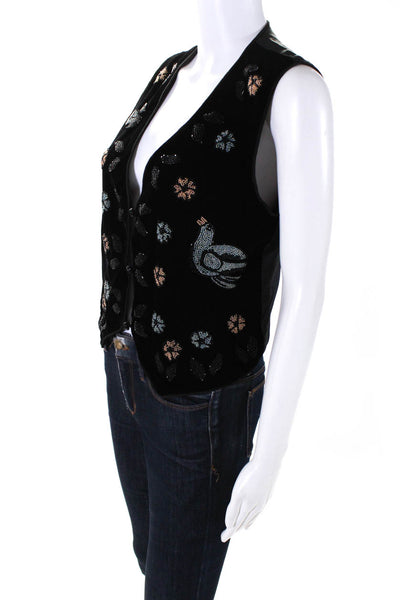 Max Field Womens Vintage Beaded Velvet Button Up Vest Waistcoat Black Size Small