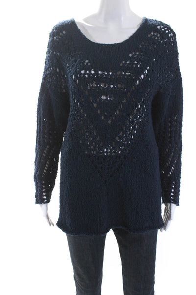 Cotelac Women's Round Neck Long Sleeves Crochet Knit Sweater Navy Blue Size 0