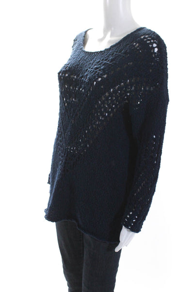 Cotelac Women's Round Neck Long Sleeves Crochet Knit Sweater Navy Blue Size 0