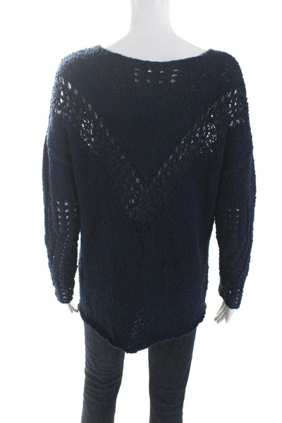Cotelac Women's Round Neck Long Sleeves Crochet Knit Sweater Navy Blue Size 0