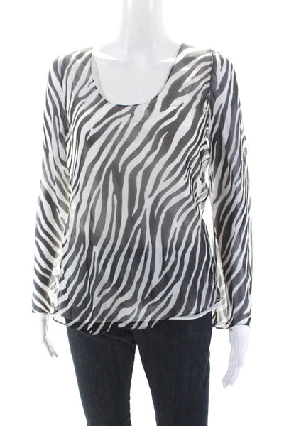 Theory Womens Long Sleeve V Neck Zebra Printed Silk Top Black White Size Small