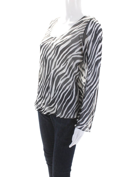 Theory Womens Long Sleeve V Neck Zebra Printed Silk Top Black White Size Small