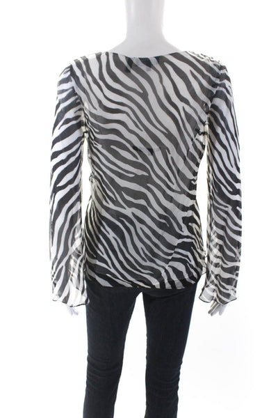 Theory Womens Long Sleeve V Neck Zebra Printed Silk Top Black White Size Small