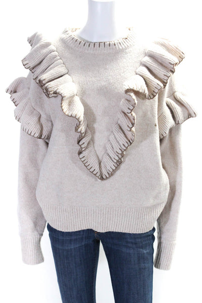 En Saison Womens Beige Ruffle Crew Neck Long Sleeve Pullover Sweater Top Size S