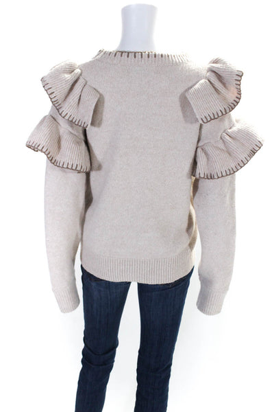 En Saison Womens Beige Ruffle Crew Neck Long Sleeve Pullover Sweater Top Size S