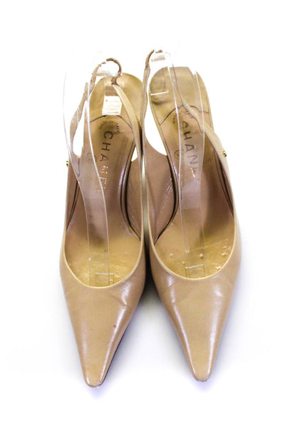 Chanel Womens Leather Pointed Toe High Heels Sling Backs Beige Size 39 9