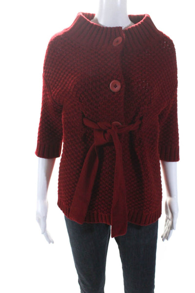 Vince Womens Chunky Knit Belted Short Sleeve Cardigan Sweater Red Wool Size XS