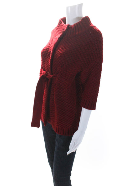 Vince Womens Chunky Knit Belted Short Sleeve Cardigan Sweater Red Wool Size XS