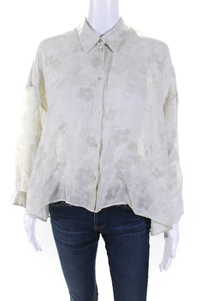 Tandem Womens Button Front Collared Oversized Floral Linen Shirt Beige Size 2