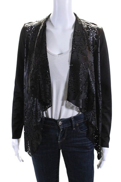 Kay Celine Womens Laser Cut Faux Leather Waterfall Cardigan Black Size Small