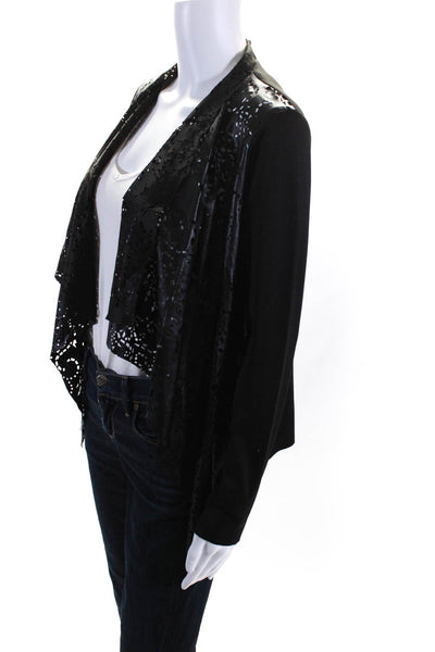 Kay Celine Womens Laser Cut Faux Leather Waterfall Cardigan Black Size Small