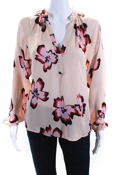 ALC Womens Long Sleeve Floral Y Neck Top Blouse Beige Red Purple Silk Size 0