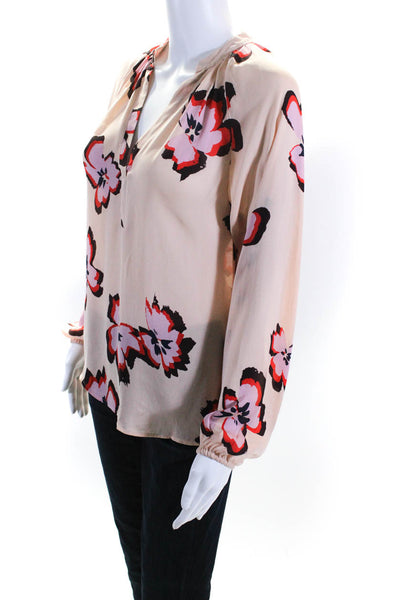 ALC Womens Long Sleeve Floral Y Neck Top Blouse Beige Red Purple Silk Size 0