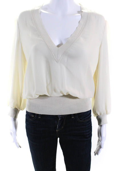 Yansi Fugel Women Sheer Chiffon Knit Trim V Neck Long Sleeve Top Blouse Beige XS