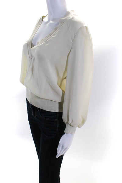 Yansi Fugel Women Sheer Chiffon Knit Trim V Neck Long Sleeve Top Blouse Beige XS