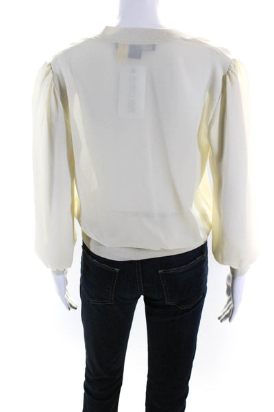 Yansi Fugel Women Sheer Chiffon Knit Trim V Neck Long Sleeve Top Blouse Beige XS