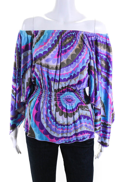 Trina Turk Womens Off Shoulder Abstract Top Blouse Pink Blue Purple Size Petite