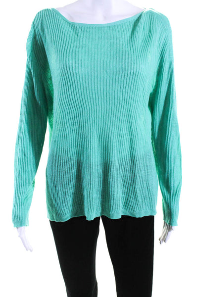 Eileen Fisher Womens Green Ribbed Linen Boat Neck Pullover Sweater Top Size L