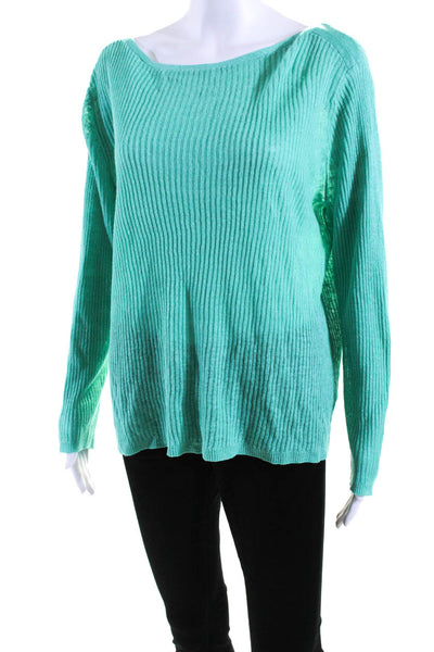 Eileen Fisher Womens Green Ribbed Linen Boat Neck Pullover Sweater Top Size L