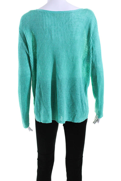 Eileen Fisher Womens Green Ribbed Linen Boat Neck Pullover Sweater Top Size L