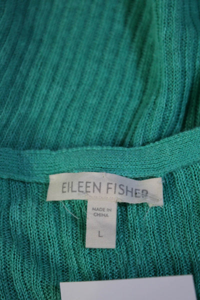 Eileen Fisher Womens Green Ribbed Linen Boat Neck Pullover Sweater Top Size L