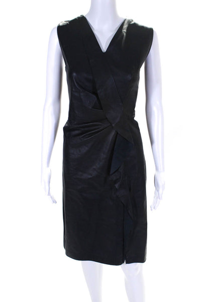 Elie Tahari Womens Leather Ruffle Trim V-Neck Sleeveless Dress Navy Size M