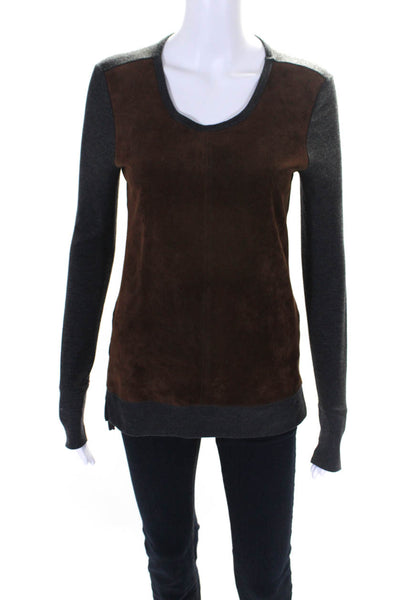 Ecru Womens Suede Panel Crew Neck Pullover Sweater Brown Gray Size Extra Small