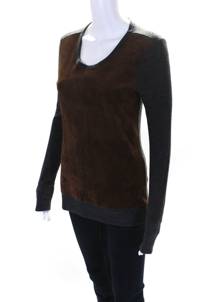 Ecru Womens Suede Panel Crew Neck Pullover Sweater Brown Gray Size Extra Small