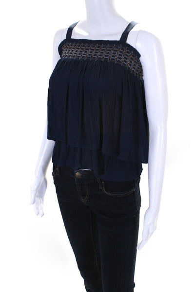Ramy Brook Womens Smocked Metallic Embroidered Square Neck Tank Top Navy Size XS