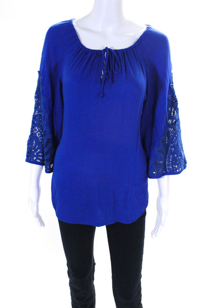 Ella Moss Womens Lace Applique Tie Boat Neck 3/4 Sleeve Top Blouse Blue Small