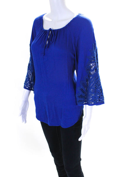 Ella Moss Womens Lace Applique Tie Boat Neck 3/4 Sleeve Top Blouse Blue Small