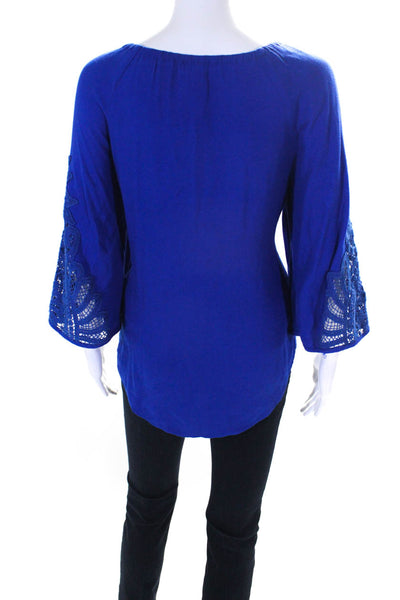 Ella Moss Womens Lace Applique Tie Boat Neck 3/4 Sleeve Top Blouse Blue Small