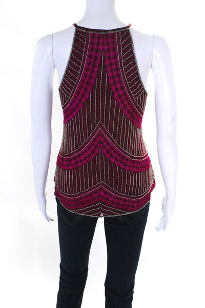 Parker Womens Embroidered Beaded Silk Tie Neck Tank Top Blouse Maroon Size XS