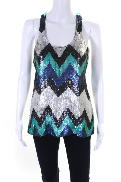 Parker Womens Sequin Chevron Racerback Tank Top Blouse Blue Teal Silver Size XS