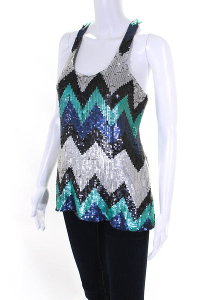 Parker Womens Sequin Chevron Racerback Tank Top Blouse Blue Teal Silver Size XS