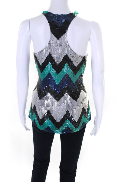 Parker Womens Sequin Chevron Racerback Tank Top Blouse Blue Teal Silver Size XS