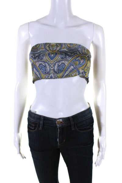 T/Shirt Shoppe Womens Strapless Smocked Back Silk Paisley Crop Top Blue Small