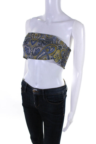 T/Shirt Shoppe Womens Strapless Smocked Back Silk Paisley Crop Top Blue Small