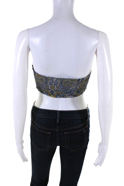 T/Shirt Shoppe Womens Strapless Smocked Back Silk Paisley Crop Top Blue Small