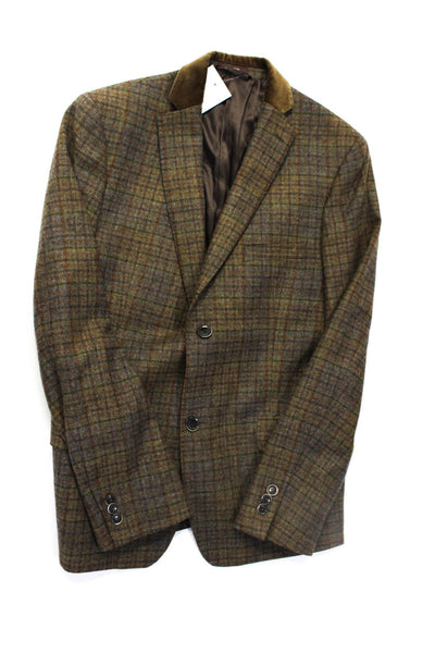 Hickey Freeman Boys Brown Wool Plaid Two Button Long Sleeve Blazer Size 18