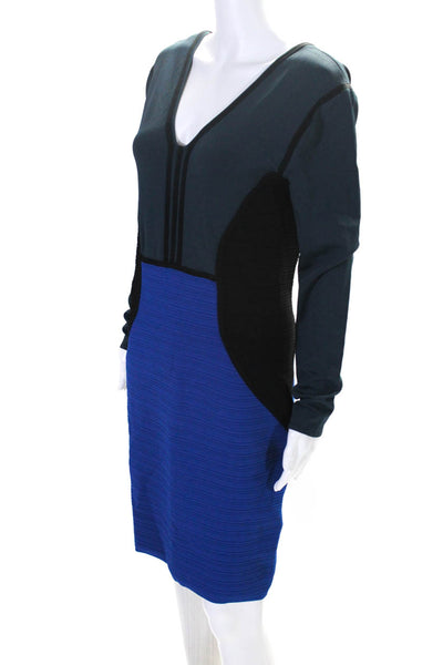 Cut25 Womens Stretch Ribbed V-Neck Long Sleeve Zip Up Dress Blue Size L