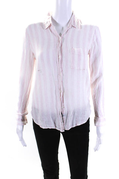 Rails Womens Button Front Collared Striped Linen Shirt White Pink Size XS