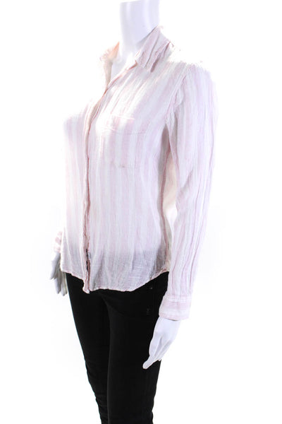 Rails Womens Button Front Collared Striped Linen Shirt White Pink Size XS