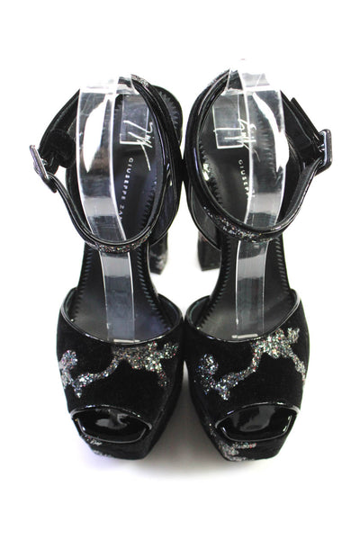 Giuseppe Zanotti Womens Black Velvet Glitter Platform Sandals Shoes Size 7.5